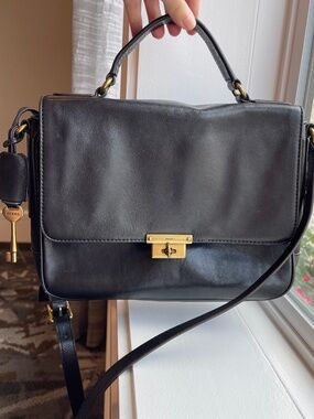Vintage Black Leather Fossil Bag with Key